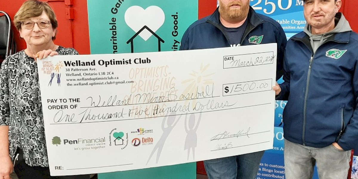 With the help of the Delta Welland Charitable Gaming Center we donated $1500 to the Welland Minor Baseball League.